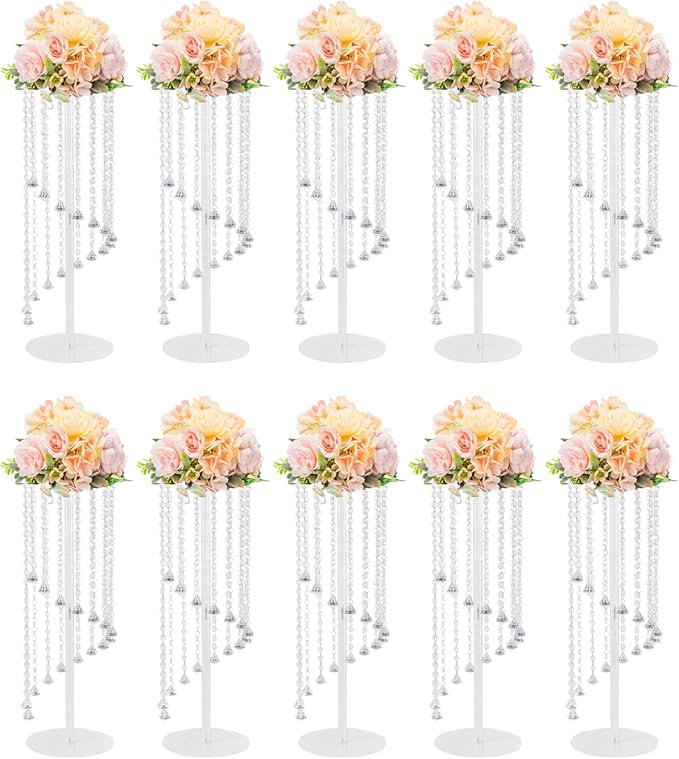 Wedding Centerpieces Gold Vases,10PCS Metal Flower Candle Holder with Sparkling Crystal Beads,Crystal Flower Vase Metal Flowers Stand for Party Tables Decorations (23.6inch Slivwer)