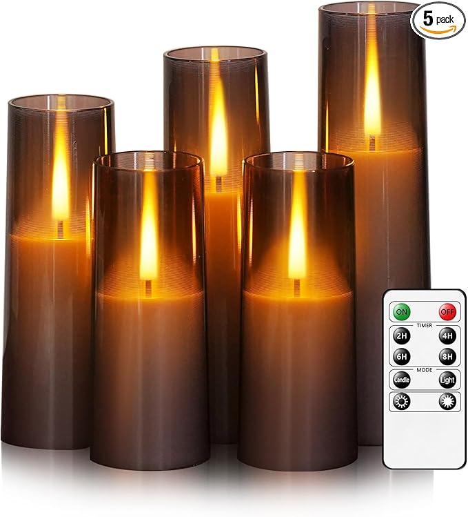 Flameless LED Candles, Battery Operated Upgraded Realistic 5 Pcs Flickering Flame Pillar Candles with Remote Timer, for Romantic Ambiance and Home Decoration (Grey)