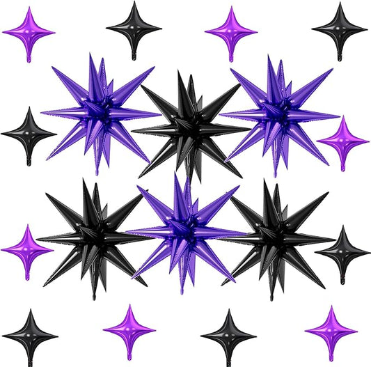 18 Pcs Black Purple Star Balloons, Purple and Black Stars Foil Balloon with 6 Pcs 22-Inch Explosion Star Balloons 12Pcs 10-Inch Four Pointed Stars Balloon for Birthday Halloween Party Decoration