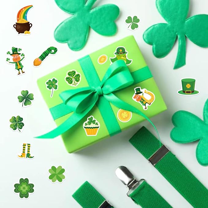24 St. Patrick's Day Stickers - Four Leaf Clover, Lucky Shamrock Clover, Irish Decor Green Day Stickers for Teens, Girls, Kids, Adults