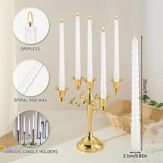 12 Pack 10 Inch White Spiral Taper Candles - Smokeless Unscented, 7-Hour Long Burning, Dripless Hand Poured - Tall Candlesticks for Home Decor, Weddings, Special Occasions & Events