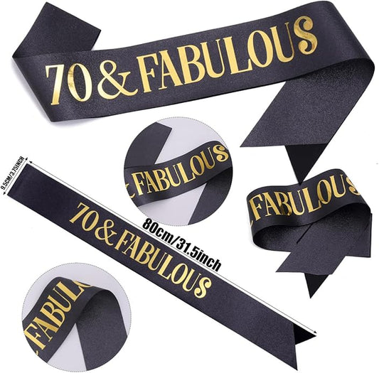 "70 & Fabulous"Sash & Rhinestone Tiara Set, Black Gold 70th Birthday Gifts for Women, Birthday Sash/Tiara for Women's 70th Birthday Party Decoration (Black 70th)