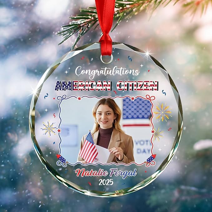 Personalized Congratulations American Citizen Ornament with Name & Photo, Upload Photo New American Citizen Xmas Tree Ornaments 2025, Customized Glass Christmas Ornament Gifts for Men Women Citizens