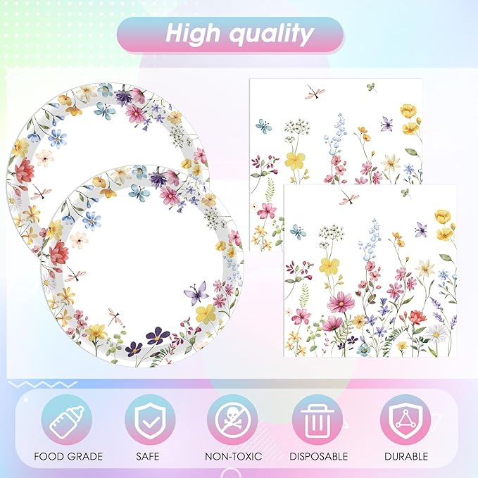41Pcs Wildflower Party Decorations Spring Floral Birthday Tableware Wildflower Floral Paper Plates Napkins Tablecloth丨Spring Summer Picnic Birthday Wedding Mothers Day Tea Party Decorations,Serve 20