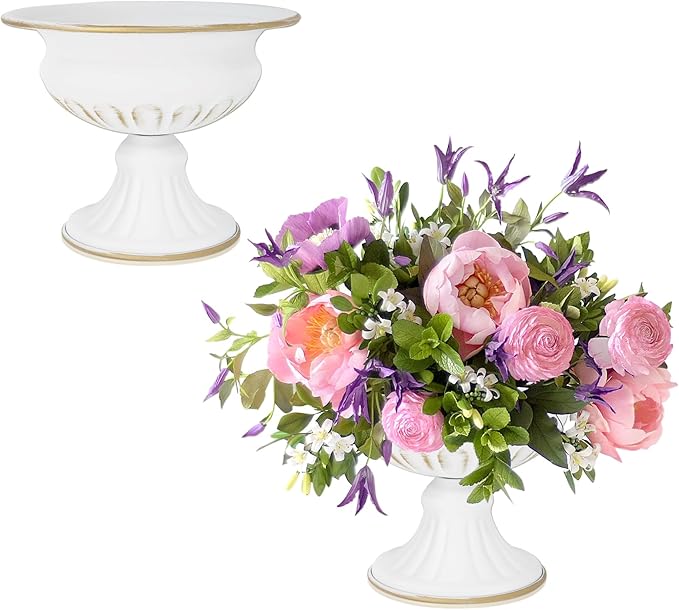 White Wedding Vases for Centerpieces: Small Flower Vase for Tables - 5 Inch Metal Compote Bowl Urn Pedestal for Party Anniversary Event Home Decor Set of 2