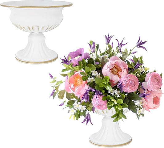 White Wedding Vases for Centerpieces: Small Flower Vase for Tables - 5 Inch Metal Compote Bowl Urn Pedestal for Party Anniversary Event Home Decor Set of 2