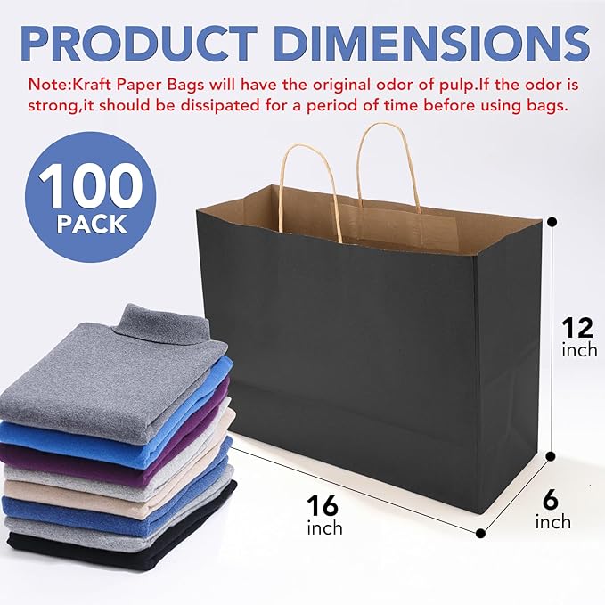 XPCARE 100Pack Large Kraft Paper Bags with Handles Bulk, 16x6x12 Inch Black Paper Bag Kraft Shopping Bags for Business Merchandise Wedding Party Favor Bag