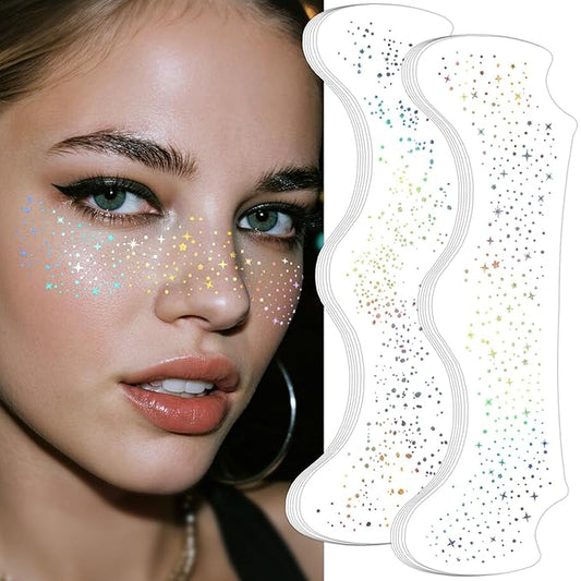 24pcs Glitter Freckles Face Tattoo - Holographic Face Sparkle Freckles Temporary Tattoos for Women Girls, Multicolor Freckles Makeup Patches for Party, Concerts, Daily Accessories