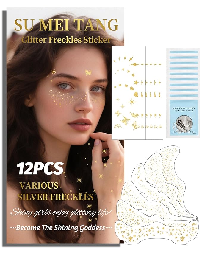 Glitter Freckles Face Tattoo Patches - 12PCS Temporary Sparkle Face Stickers with 10 Remover Wipes | Waterproof Festival Rave Party Makeup Accessories for Women Girls (Gold)