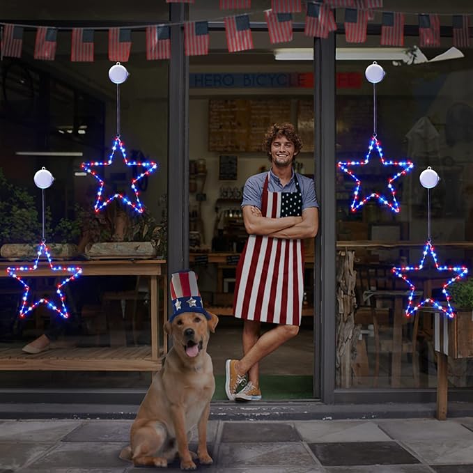 BlcTec 4th of July Decorations, 2 Pack Patriotic Red White Blue Star Window Lights with Suction Cups, Timer, Battery Operated Durable Metal Frame Silhouette Lights for July 4th Window Wall Decorations