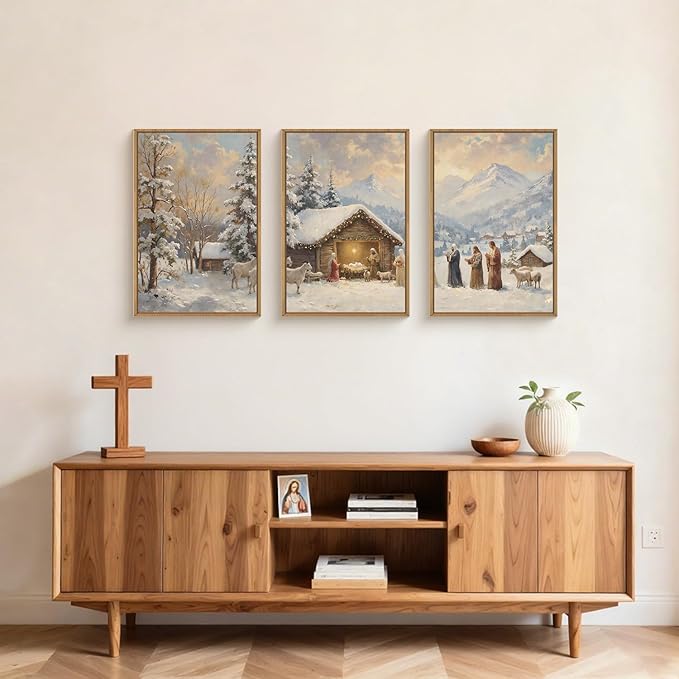 HOURIA Christian Christmas Nativity Framed Canvas Wall Art Set,Religious Mary Joseph & Jesus Christ Biblical Decor,Holy Family Star of Bethlehem Winter Artwork for Living Room,Church,Holiday-24"x36"x3