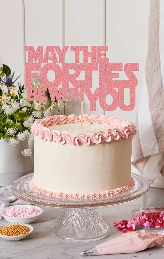 May The Forties Be With You Cake Topper - Glitter Pink 40th Birthday Cake Decorations, 40th Wedding Anniversary Cake Pick (Pink)