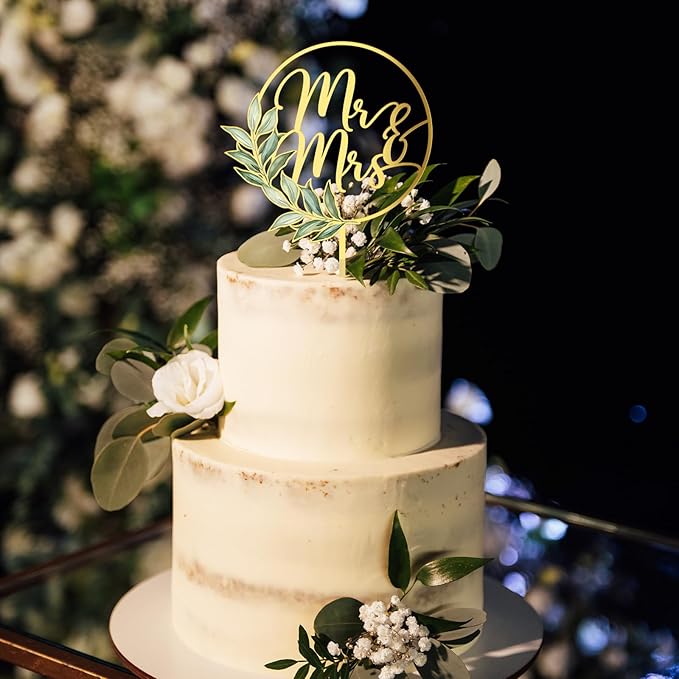 Mr & Mrs Cake Topper Gold Acrylic Greeny Wedding Cake Topper Decoration (Design 02)