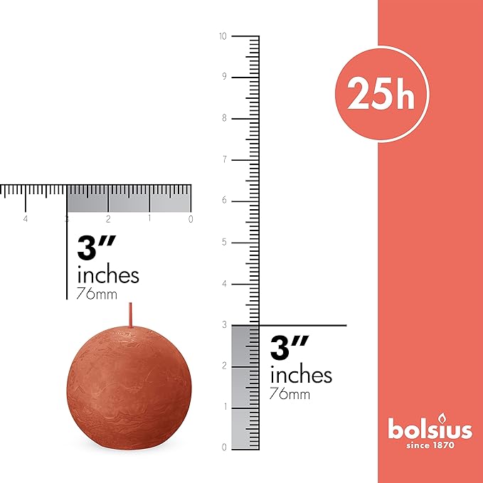 BOLSIUS 3 Pack Orange Rustic Ball Pillar Candles - 3 Inch - Premium European Quality - Includes Natural Plant-Based Wax - Unscented Dripless Smokeless 25 Hour Party Décor and Wedding Candles