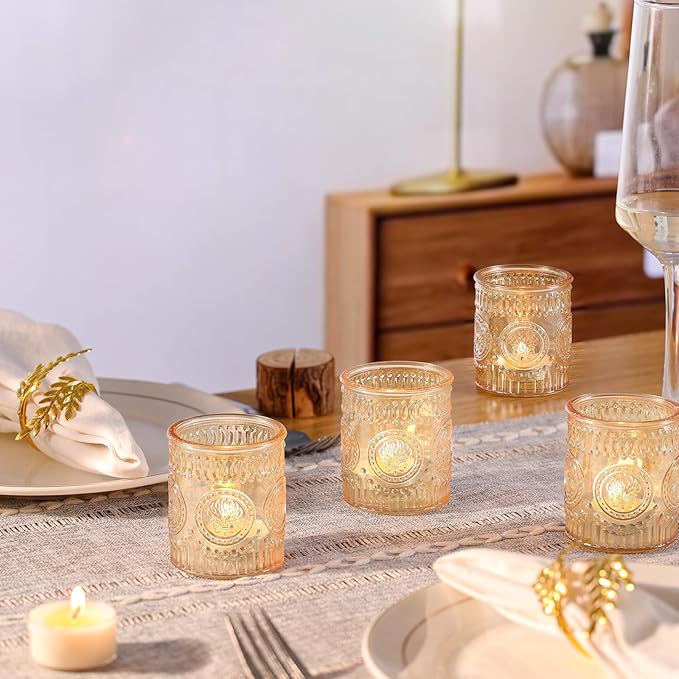 12 Pcs Gold Votive Candle Holders, Glass Candle Holders Embossed Tea Light Candle Holder for Wedding Table Centerpiece, Home Decor, Birdal Shower, Party