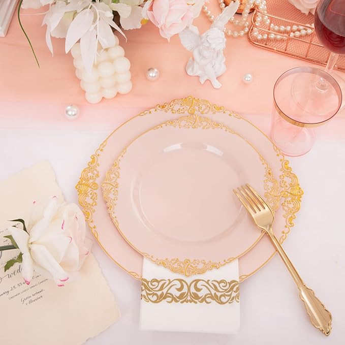 Morejoy 175pcs Pink Plastic Plates - Pink and Gold Disposable Plates, 10.25 inch Plastic Dinner Plates, Perfect for Wedding & Party & Holiday