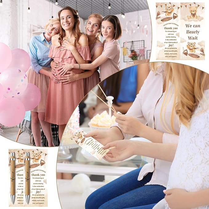Toerifer Baby Shower Favors for 30 Guests, Baby Shower Set Gift Included 30 Pcs Bamboo Pens 30 Pcs Greeting Cards, Gender Reveal Souvenirs Prizes, Brown Bear We Can Bearly Wait Decor