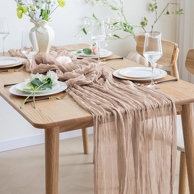 Asee'm 4pcs Cheesecloth Table Runner 120 Inches Long Nude Pink Boho Gauze Cheese Cloth Runner 10FT Rustic Sheer Table Runners for Christmas Wedding Party Baby Shower Spring Easter Decoration