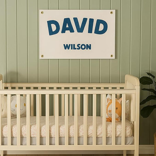 Personalized Hand Embroidered Baby Name Banner, Custom Name Canvas Nursery Sign for Kids Room Bedroom, Customized Nursery Sign Decor for Boys & Girls, Baby Shower Birthday Party Gift