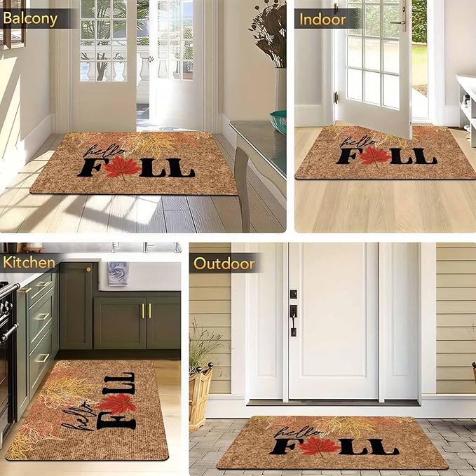 Hello Fall Door Mat, Fall Maple Leaves Welcome Mat for Indoor Outdoor Entrance Floor Mats Non Slip Vintage Doormat for Autumn Halloween Thanksgiving Farmhouse Decor