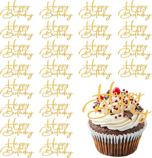 24 Pcs Happy Birthday Cupcake Toppers, Cupcake Topper Acrylic Cake Topper Sign Mini Cakes Supplies Cupcakes Decoration for Celebrating Happy Birthday Anniversary Theme Party