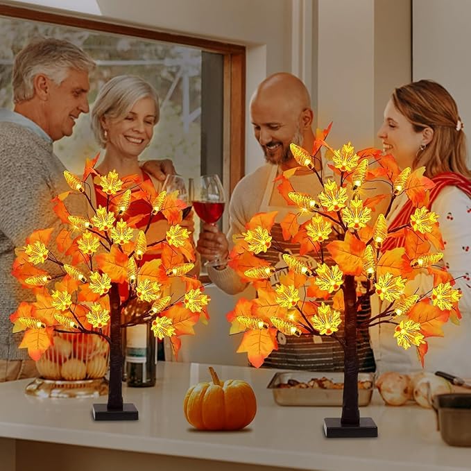 2 Pack 24 Inch Prelit Fall Maple Tree Decorations with 48 LEDs Timer Fall Battery Operated Lighted Artificial Pumpkin Light Up Maple Tree for Thanksgiving Harvest Table Home Indoor Decor