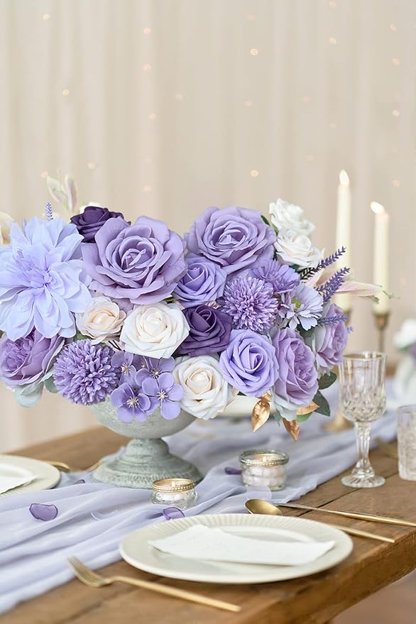 Roses Artificial Flowers Purple Bouquets Box Set Fake Flower with Stems Bulk for DIY Bridal Wedding Shower Decorations Faux Floral Arrangements for Party Table Centerpieces Home Decor Indoor