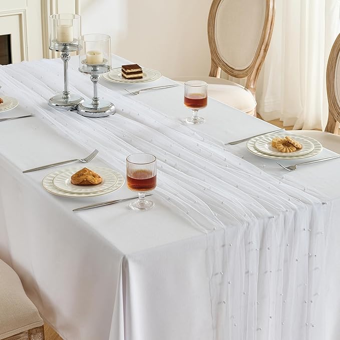 Fanami 3 Pack Pearl Table Runner -10FT Ivory White Boho Tulle Table Runners 120 Inches Long Rustic Sheer Lace Fabric Centerpieces for Wedding Arch Birthday Party Bridal Veil Baby Shower Decorations