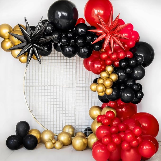Red Black Balloon Arch Kit,Balloon Garland with Black Red Star Foil Balloons Metallic Gold Balloons for Birthday Baby Shower Wedding Engagement Anniversary Party Decorations