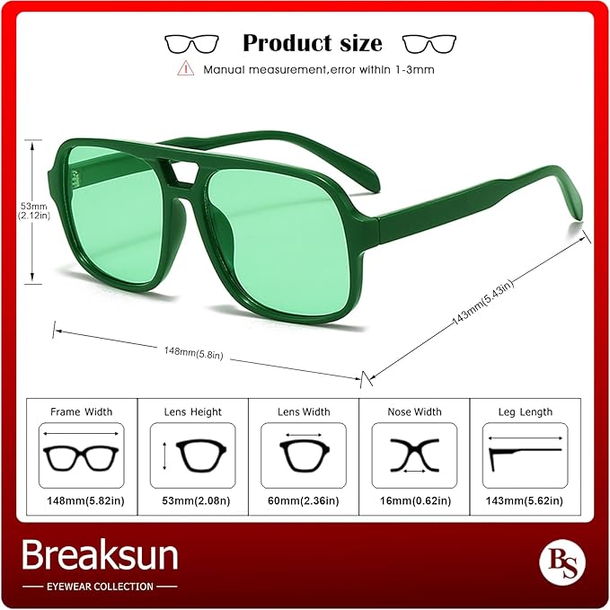 Retro Aviator Sunglasses for Women Men Trendy Classic 70s Square Green Aviator Sun Glasses Vintage Shades