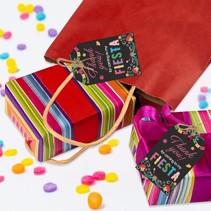 Aukolass 50PCS Fiesta Gift Tags, Thank You Tags for Mexican Themed Party Favors and Taco Bout Party Decorations-Double-sided (Black)