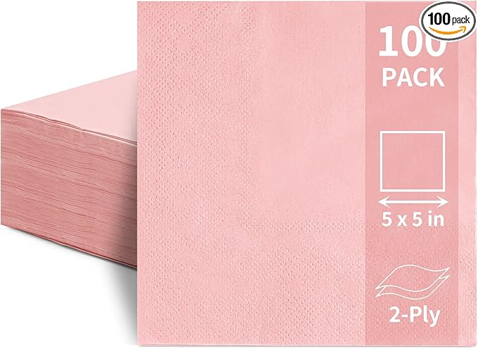 100 Pack Cocktail Napkins Disposable, 2-Ply 5" x 5" Party Napkins, Square Beverage Dinner Napkin for Wedding Birthday Party Anniversary Reception Bar Event (Pink)