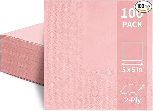 100 Pack Cocktail Napkins Disposable, 2-Ply 5" x 5" Party Napkins, Square Beverage Dinner Napkin for Wedding Birthday Party Anniversary Reception Bar Event (Pink)