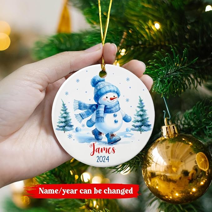 Personalized Snowman Ornament for Christmas Tree - Blue Ceramic Xmas Gift for Dad Mom Kids, Customized Merry Christmas Ornament With Custom Name & Year - Xmas 2025