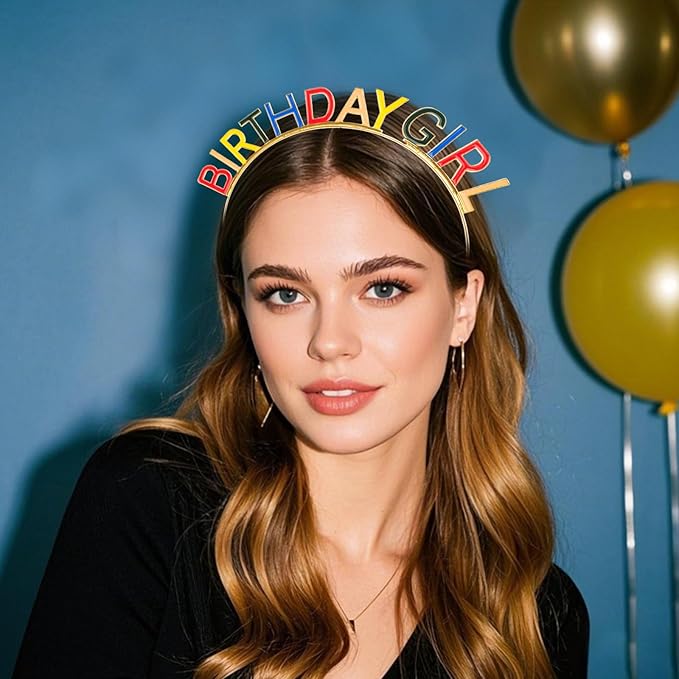 Jaciya Birthday Girl Headband - Gold Tiara with Rainbow Letters for Women Girls Party Accessories Metal Headband