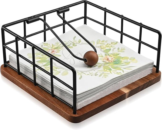 Acacia Wood Napkin Holder for Table, Farmhouse Square Napkin Dispenser with Wide Side Opening - Easy to Grab Paper Napkins for Dining Table & Kitchen Counter (7.7“x7.7"x3.3")