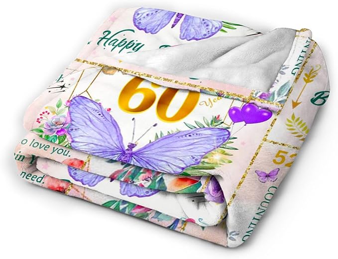 60th Birthday Gifts for Women, Super Soft Unique Fun Purple Butterfly Flower Blanket Gifts for Anniversary Christmas, 60th Birthday Decorations for Women, Cozy Warm Plush Fuzzy Fleece Blanket 80"x60"