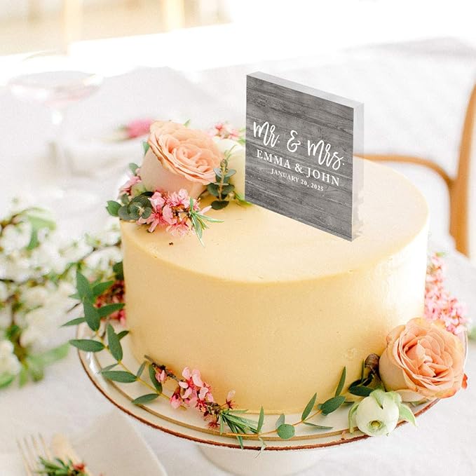 Andaz Press Rustic Gray Distressed Wood With Date Custom Wedding Cake Topper, Acrylic Square Personalized Couple Cake Topper