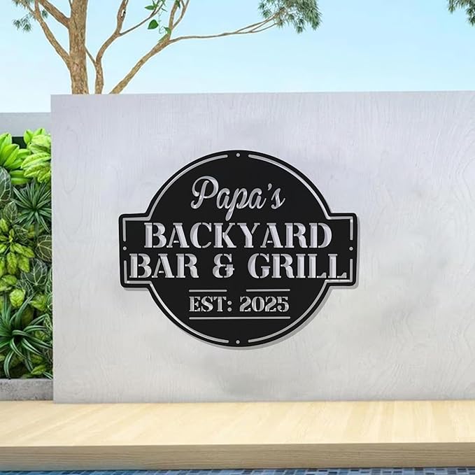 BBQ Grill Metal Sign for Dad - Custom Outdoor Bar Kitchen Name Sign - Backyard Barbecue Hanging Decor - Personalized Gift for Grandpa, Husband, Father