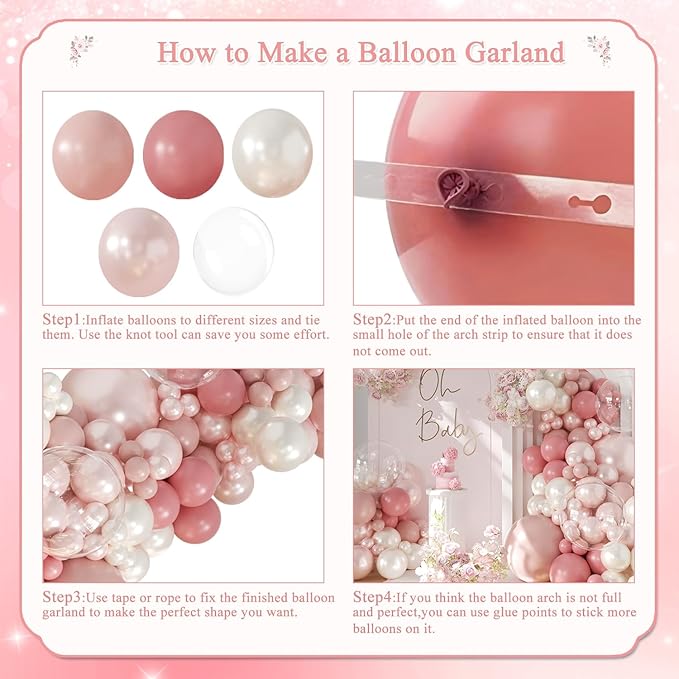 Dusty Pink Blush Balloon Arch Kit 108Pcs Double Stuffed Pearl pink White Balloons Pink Rose Blush Clear Balloons for Baby Shower Bridal Shower Wedding Birthday Party Decorations