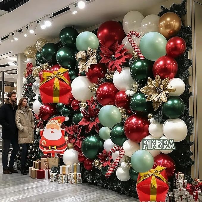 Christmas Balloon Arch Kit Double Stuffed Dark Green Red White Balloon Emerald Green Gold Burgundy Garland Pearl White Latex for Birthday Wedding Festival Christmas Party Decorations