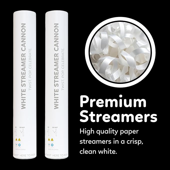 2 Pack Steamer Cannon Confetti Poppers | Biodegradable White Streamers | TUR Party Supplies | Launches Up to 25ft | Giant (12 in) | Party Poppers for Graduation, Birthdays, Weddings, and Memorial Day