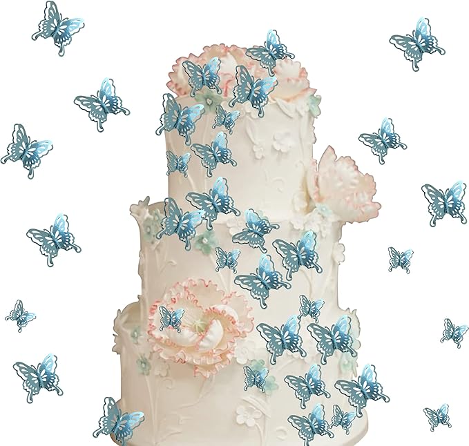 40 PCS Lively 3D Butterfly Cupcake Toppers Mixed Size Hollow Art Butterfly Cake Topper Decorations for Baby Shower Wedding Anniversary Kids Birthday Party Supplies Sky Blue