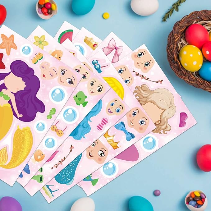 Make a Face Stickers - 32 Mermaid Sheets for Girls - Mermaid Birthday Party Favors - Kids Travel & Car Activities