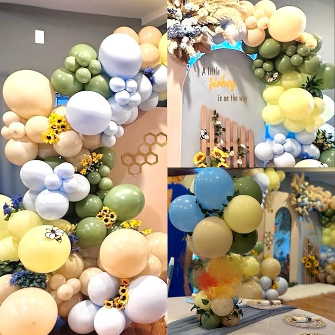 Green Blue Yellow Balloons Arch Dusty Blue Sage Green Beige Balloons Garland Kids Birthday Party Decorations Pastel Blue Yellow Olive White Latex Helium Balloon Bear Baby Shower