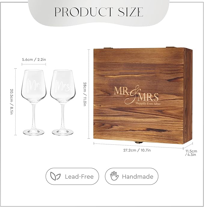 AW BRIDAL Mr and Mrs Wine Glasses Wedding Gifts for Couples 2025, Engagement Gift for Newlyweds, Bridal Shower and Bachelorette Gifts for Bride, Wine Opener Stopper and Engraved Wooden Keepsake Box