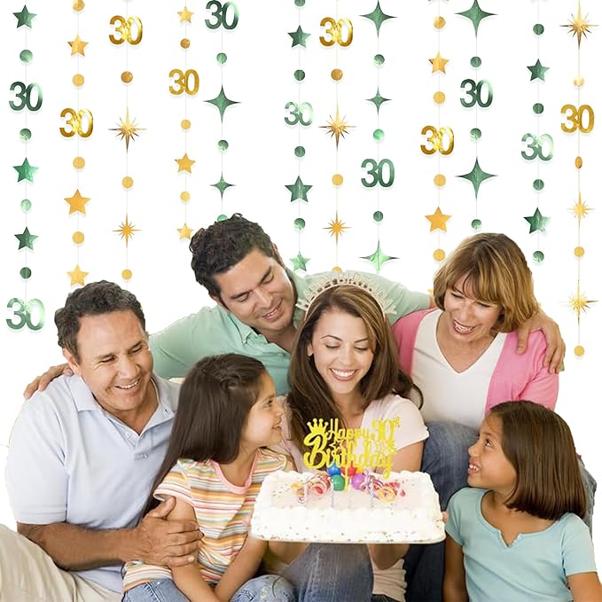 Sage Green Gold 30th Birthday Decorations Number 30 Circle Dot Twinkle Star Garland Streamer Banner Backdrop for Womens Cheers to 30 Years Old Dirty Thirty Happy 30th Anniversary Party Supplies
