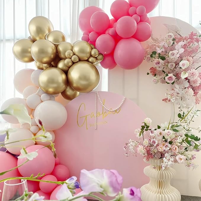Dusty Blush Pink Nude Gold Balloon Arch Kit, 166Pcs Retro Pink Nude Metallic Gold and Macaron Light Pink Balloons for Bridal Baby Shower Girls Boho Birthday Wedding Decorations Supplies