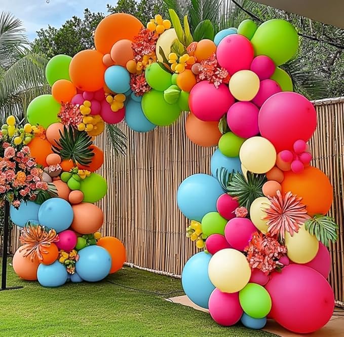 Hot Pink Orange Blue Balloon Garland Double Stuffed Pink Green Yellow Peach Teal Balloon Arch Kit Colorful Balloons for Birthday Baby Shower Wedding Bridal Tropical Hawaiian Flamingo Luau Party Decor
