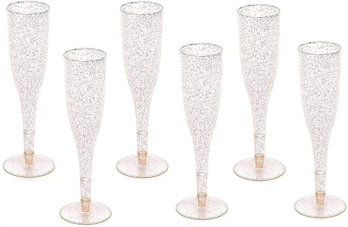 Oojami 100 Plastic Classic Champagne Disposable Flutes for Parties Plastic cups Wedding Party Toasting Cocktail Cups Bulk Party Pack (Gold Glitter)